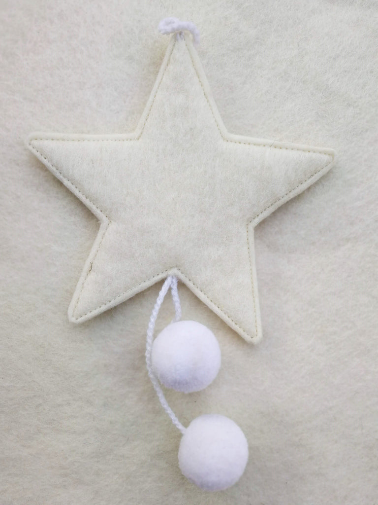 Muskhane Handmade Felt Hanging Star With Pompons - Natural White