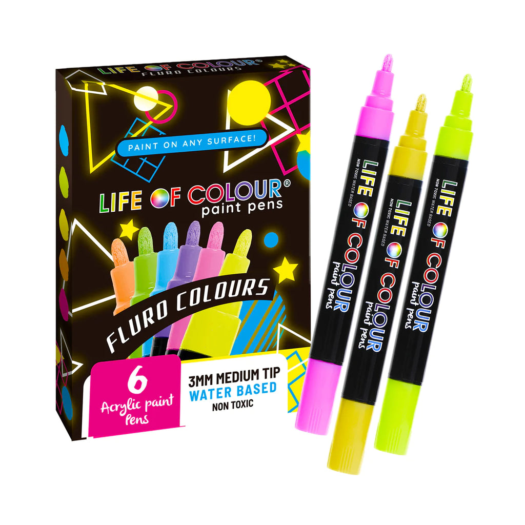 Life of Colour - Fluro Colours Medium Tip Acrylic Paint Pens â€“ Set of 6