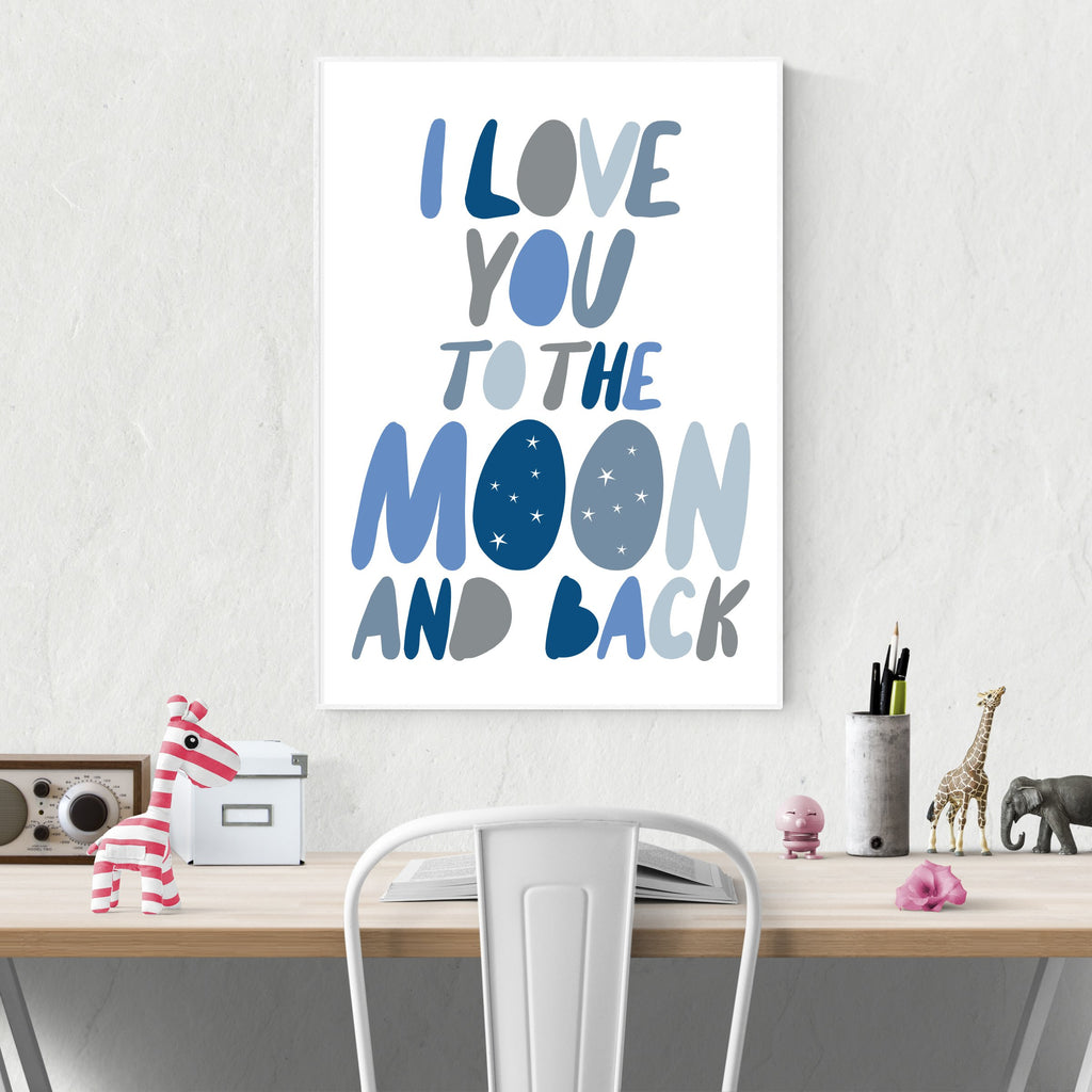 Sprout and Sparrow Kids Wall Art - I Love You To The Moon And Back Blue