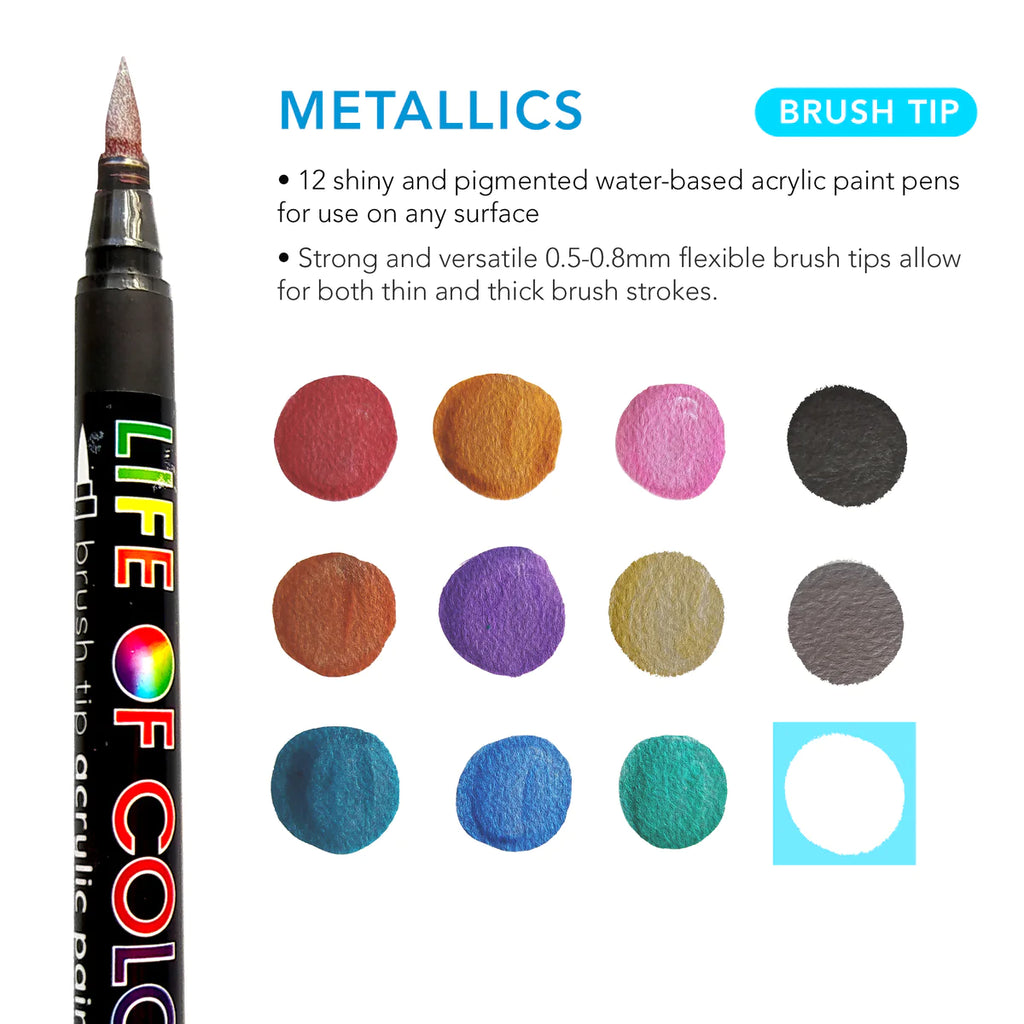 Life of Colour - Metallic Brush Tip Acrylic Paint Pens Set of 14