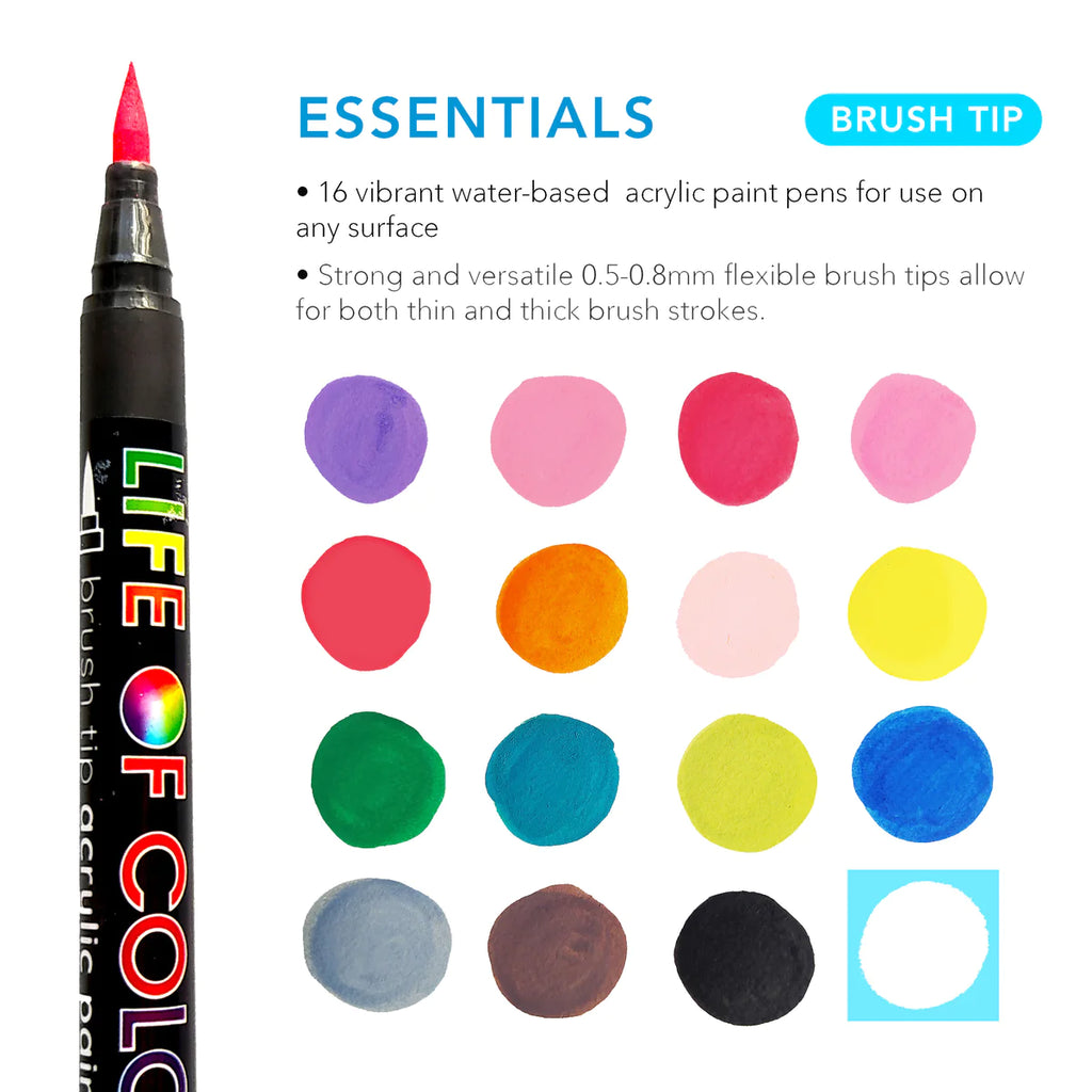 Life of Colour Essential Colours Brush Tip Acrylic Paint Pens - Set of 18