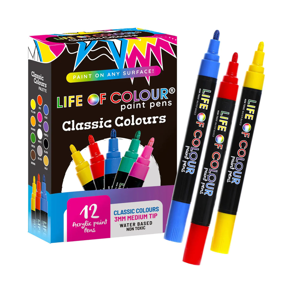 Life of Colour - Medium Tip Acrylic Paint Pens Classic Colours Set of 12