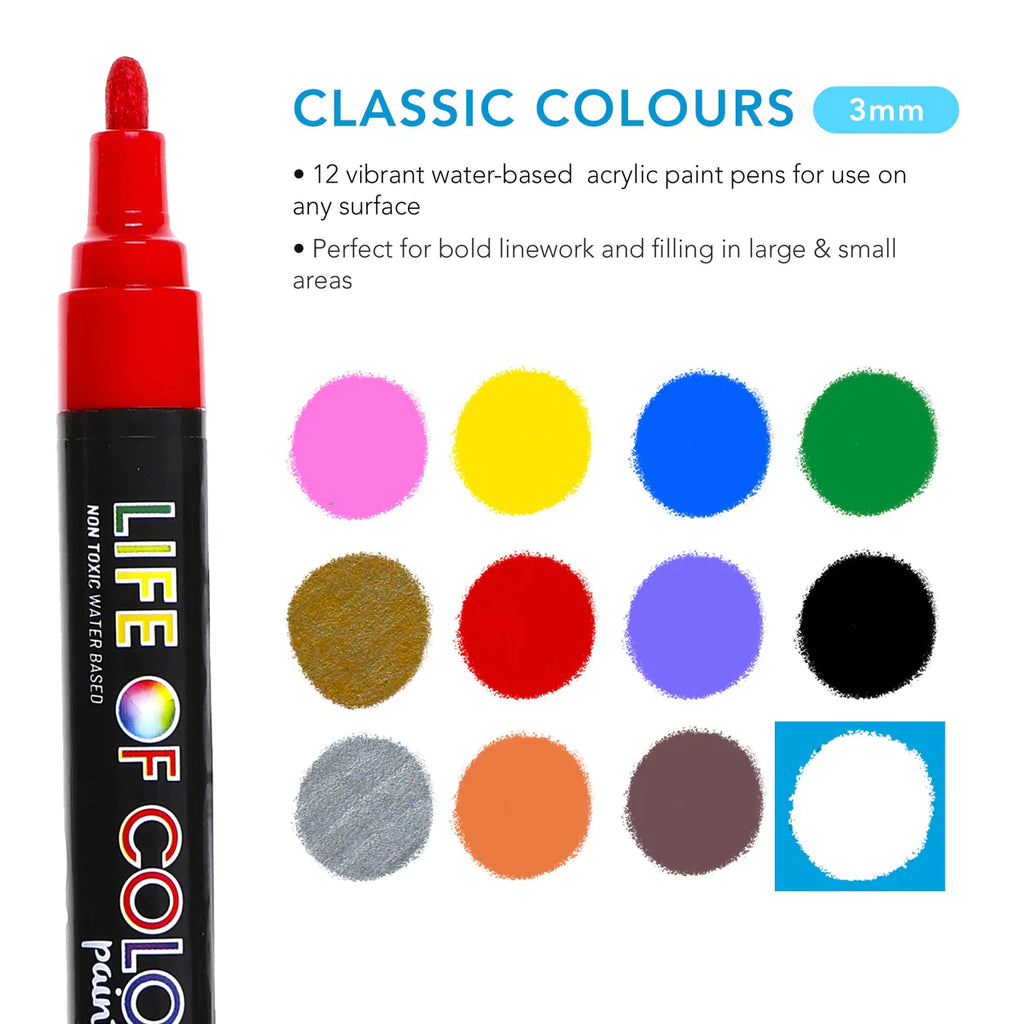 Life of Colour - Medium Tip Acrylic Paint Pens Classic Colours Set of 13