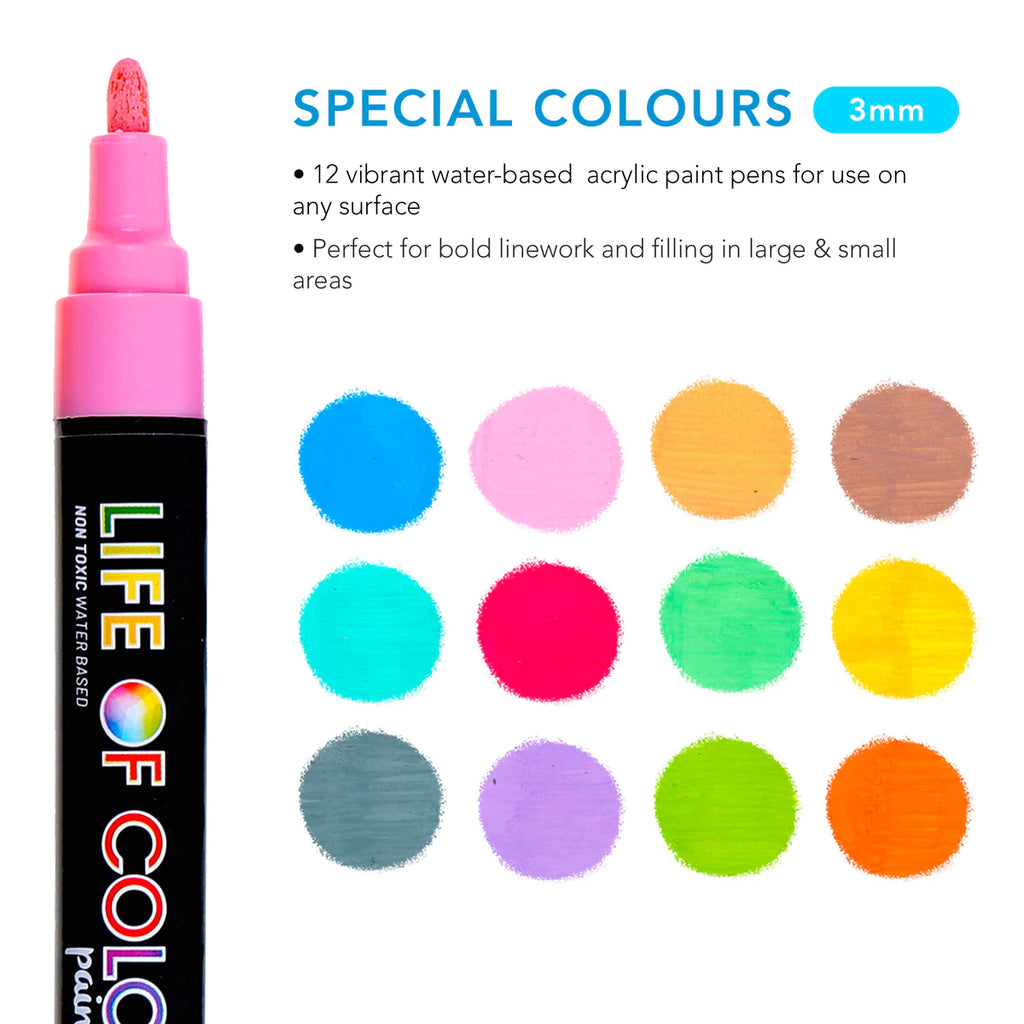 Life of Colour - Medium Tip Acrylic Paint Pens Special Colours Set of 15