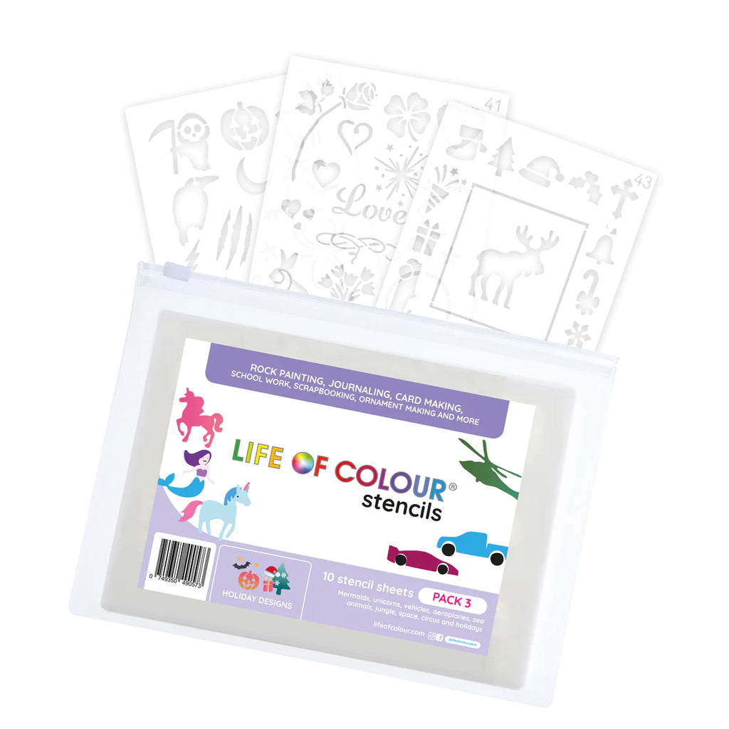 Life of Colour - Animals, Vehicles, Circus, Unicorns & More 10 Sheet Stencil Pack