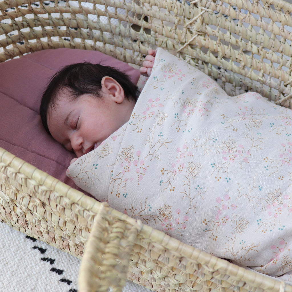 Camomile London Baby Swaddle Blanket - Peach Blossom and Ash