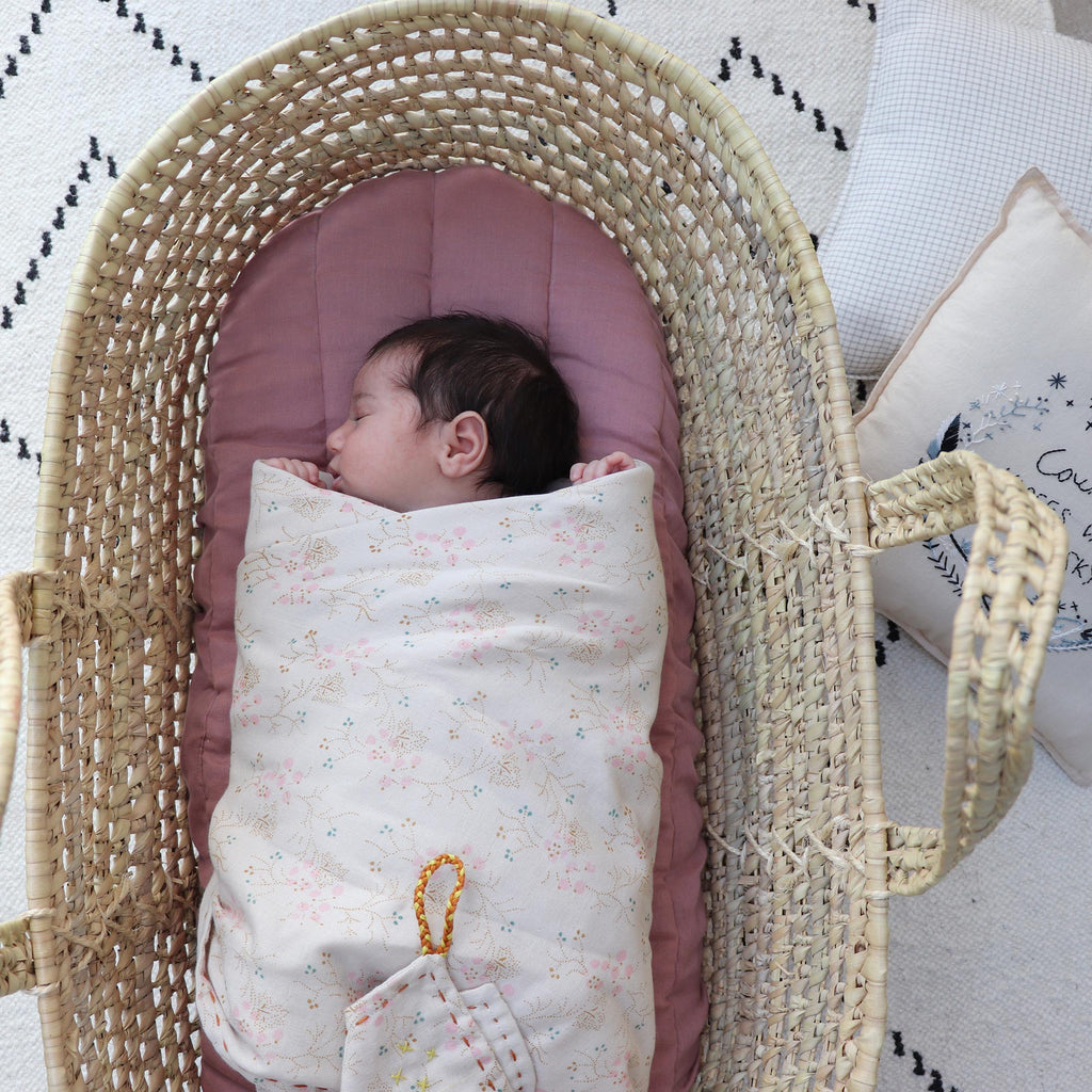 Camomile London Baby Swaddle Blanket - Minako Floral Golden and Pink